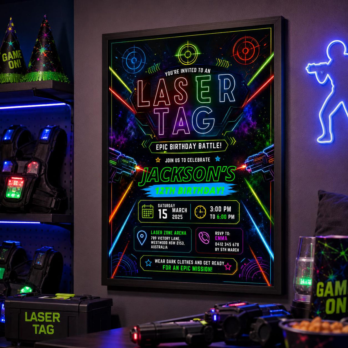 Editable Neon Glow Birthday Invitation Canva Template, Kids Teens Neon Cute Modern Fun Instant DIY Party Invite, Printable Digital Download.