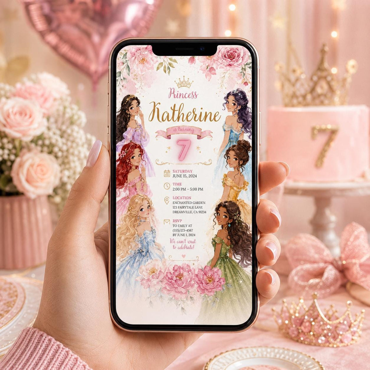 Editable Princess Birthday Invitation Canva Template, Girls Cute Modern Fun Themed Custom DIY Chic Party Invite, Printable Digital Download.