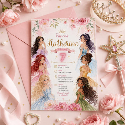 Editable Princess Birthday Invitation Canva Template, Girls Cute Modern Fun Themed Custom DIY Chic Party Invite, Printable Digital Download.