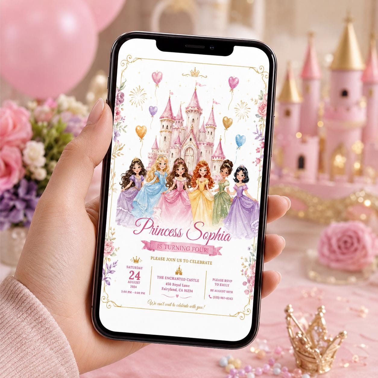 Editable Princess Birthday Invitation Canva Template, Floral Girls Kids Cute Modern Fun Themed DIY Party Invite, Printable Digital Download.