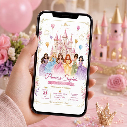Editable Princess Birthday Invitation Canva Template, Floral Girls Kids Cute Modern Fun Themed DIY Party Invite, Printable Digital Download.