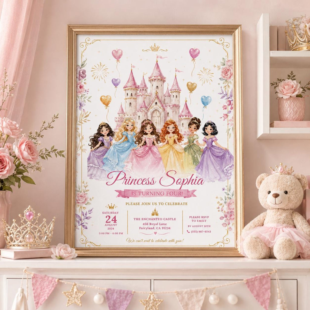 Editable Princess Birthday Invitation Canva Template, Floral Girls Kids Cute Modern Fun Themed DIY Party Invite, Printable Digital Download.