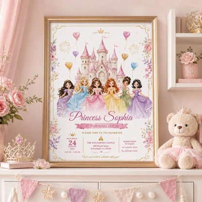 Editable Princess Birthday Invitation Canva Template, Floral Girls Kids Cute Modern Fun Themed DIY Party Invite, Printable Digital Download.