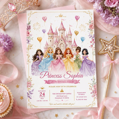 Editable Princess Birthday Invitation Canva Template, Floral Girls Kids Cute Modern Fun Themed DIY Party Invite, Printable Digital Download.