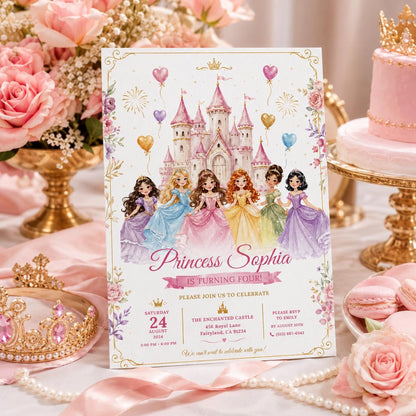 Editable Princess Birthday Invitation Canva Template, Floral Girls Kids Cute Modern Fun Themed DIY Party Invite, Printable Digital Download.