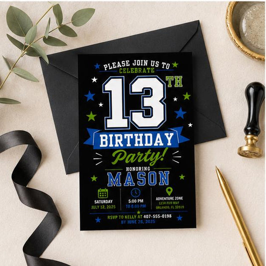 Editable Simple Birthday Invitation Canva Template, Boys Kids Teens Cute Modern Fun DIY Sweet Chic Party Invite, Printable Digital Download.