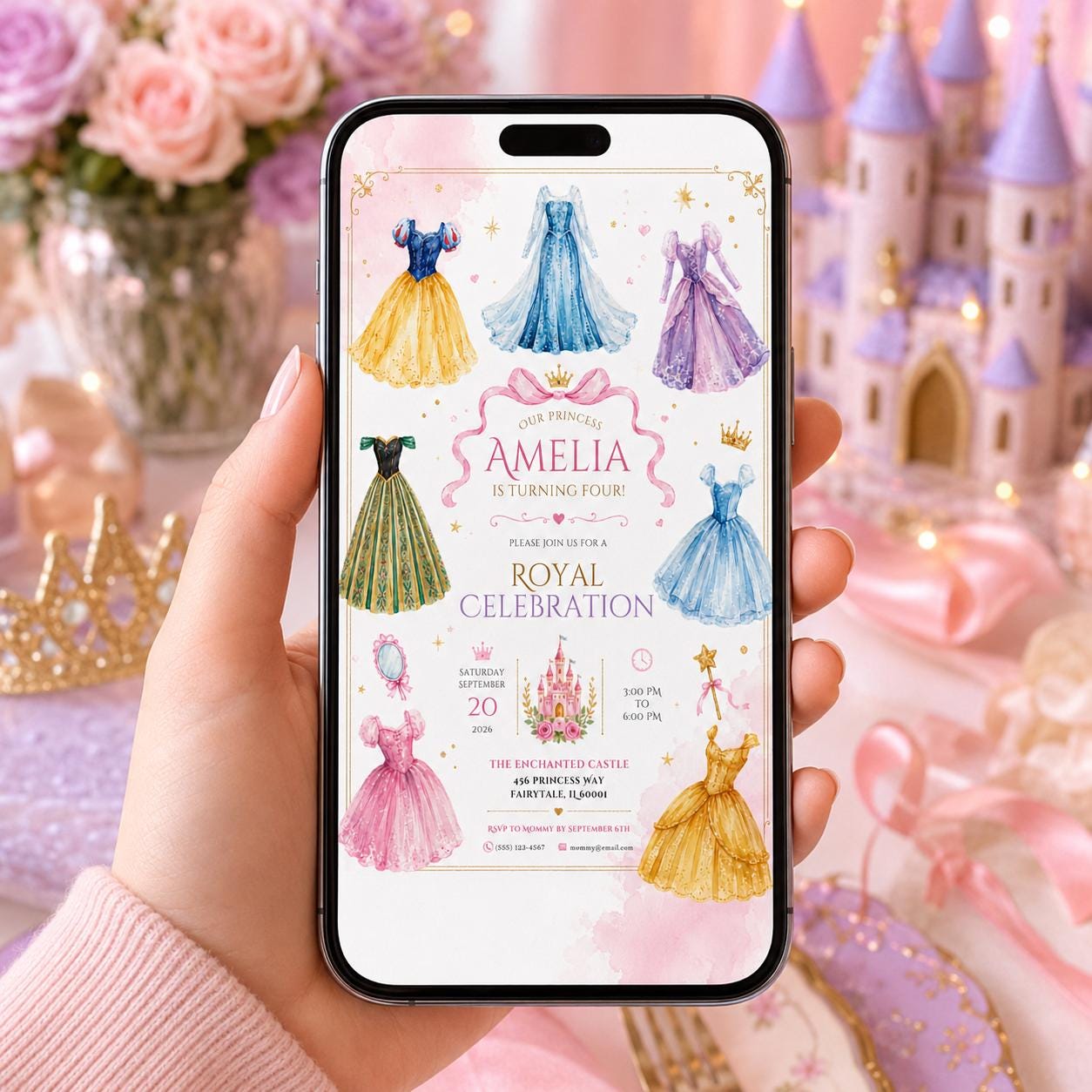 Editable Princess Birthday Invitation Canva Template, Luxury Girls Cute Modern Fun Themed DIY Chic Party Invite, Printable Digital Download.