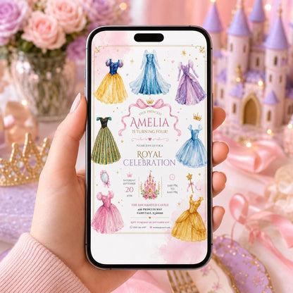 Editable Princess Birthday Invitation Canva Template, Luxury Girls Cute Modern Fun Themed DIY Chic Party Invite, Printable Digital Download.