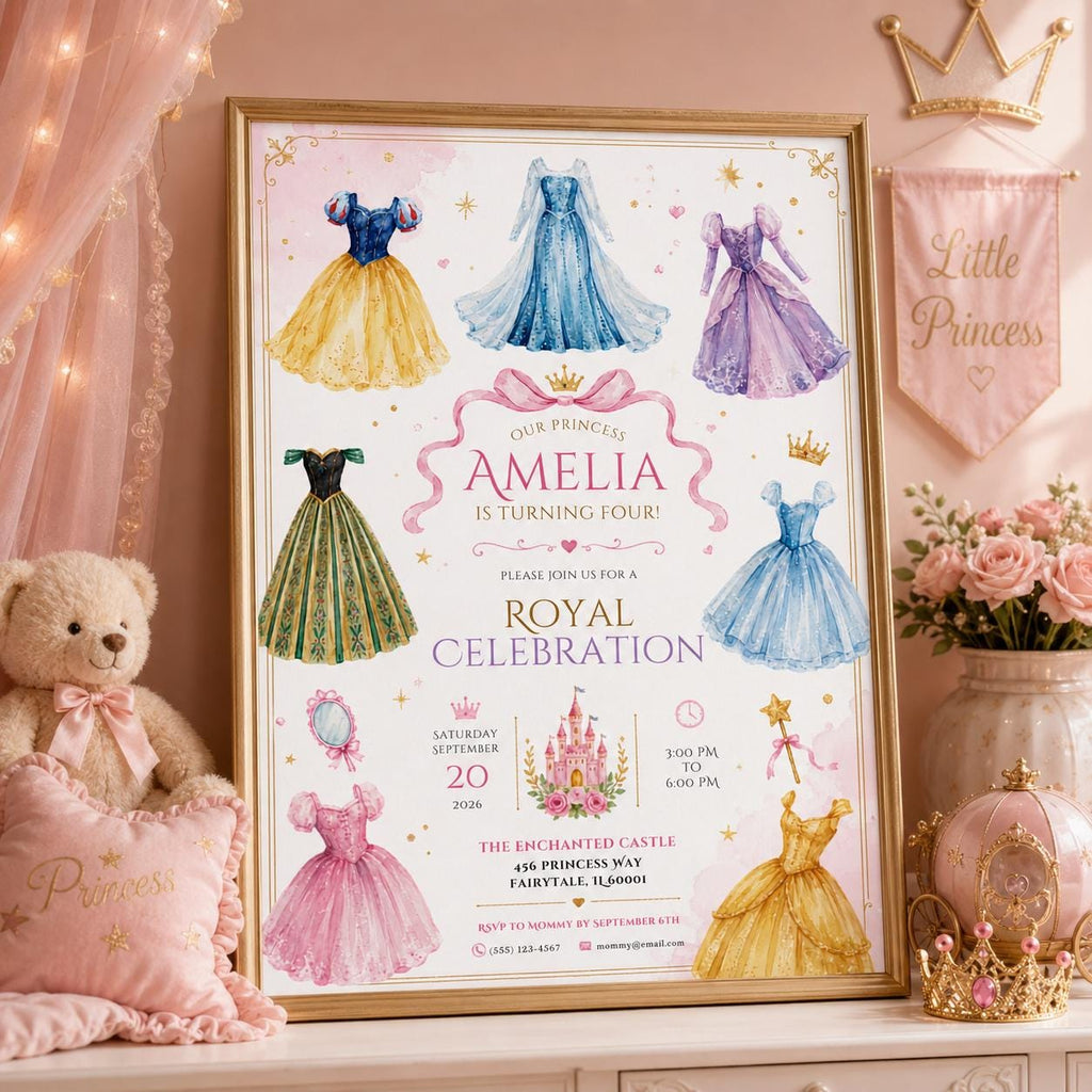 Editable Princess Birthday Invitation Canva Template, Luxury Girls Cute Modern Fun Themed DIY Chic Party Invite, Printable Digital Download.