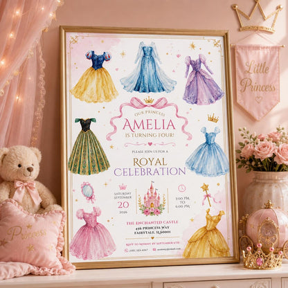 Editable Princess Birthday Invitation Canva Template, Luxury Girls Cute Modern Fun Themed DIY Chic Party Invite, Printable Digital Download.