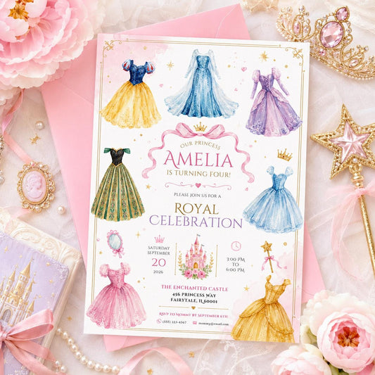 Editable Princess Birthday Invitation Canva Template, Luxury Girls Cute Modern Fun Themed DIY Chic Party Invite, Printable Digital Download.