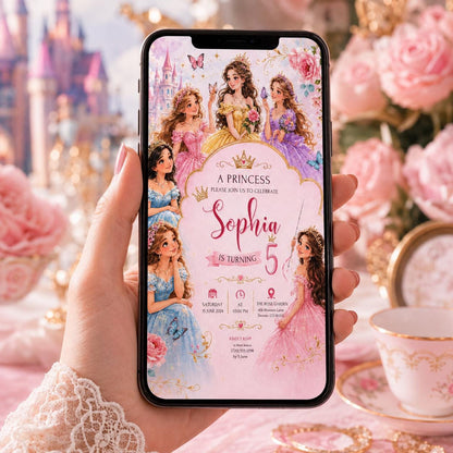 Editable Princess Birthday Invitation Canva Template, Pink Girls Kids Cute Fun DIY Sweet Chic Teen Party Invite, Printable Digital Download.