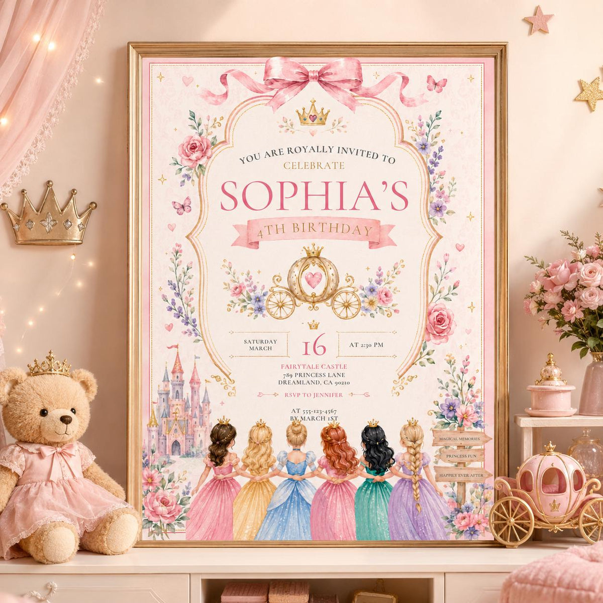 Editable Princess Birthday Invitation Canva Template, Girls Cute Modern Fun Themed Custom DIY Chic Party Invite, Printable Digital Download.