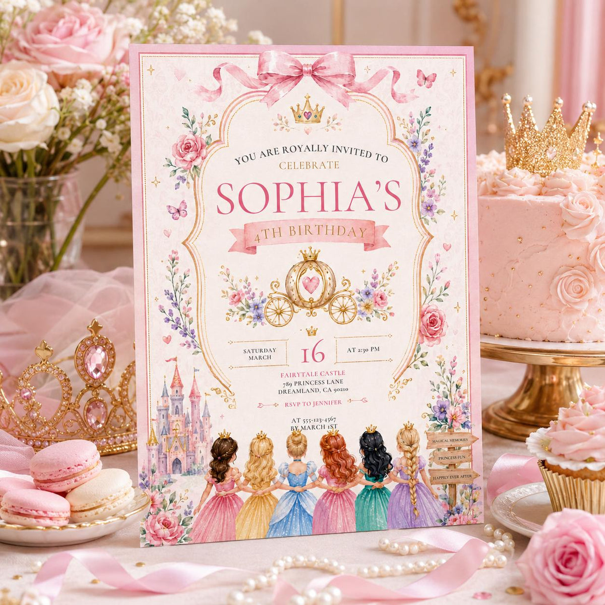 Editable Princess Birthday Invitation Canva Template, Girls Cute Modern Fun Themed Custom DIY Chic Party Invite, Printable Digital Download.