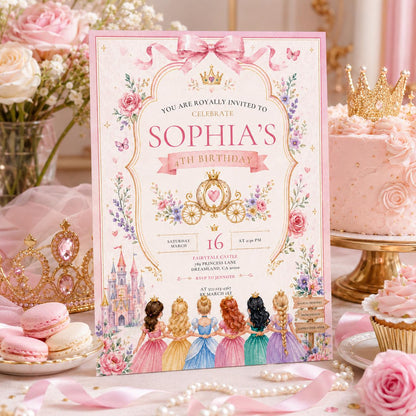 Editable Princess Birthday Invitation Canva Template, Girls Cute Modern Fun Themed Custom DIY Chic Party Invite, Printable Digital Download.