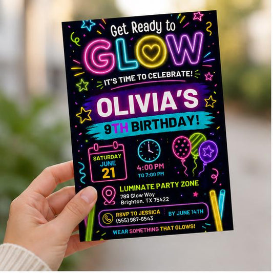 Editable Neon Glow Birthday Invitation Canva Template, Girls Teens Neon Cute Modern Fun Themed DIY Party Invite, Printable Digital Download.