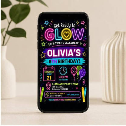 Editable Neon Glow Birthday Invitation Canva Template, Girls Teens Neon Cute Modern Fun Themed DIY Party Invite, Printable Digital Download.