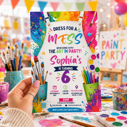 Editable Art Paint Birthday Invitation Canva Template, Cute Modern Fun Themed Custom DIY Chic Kids Party Invite, Printable Digital Download.
