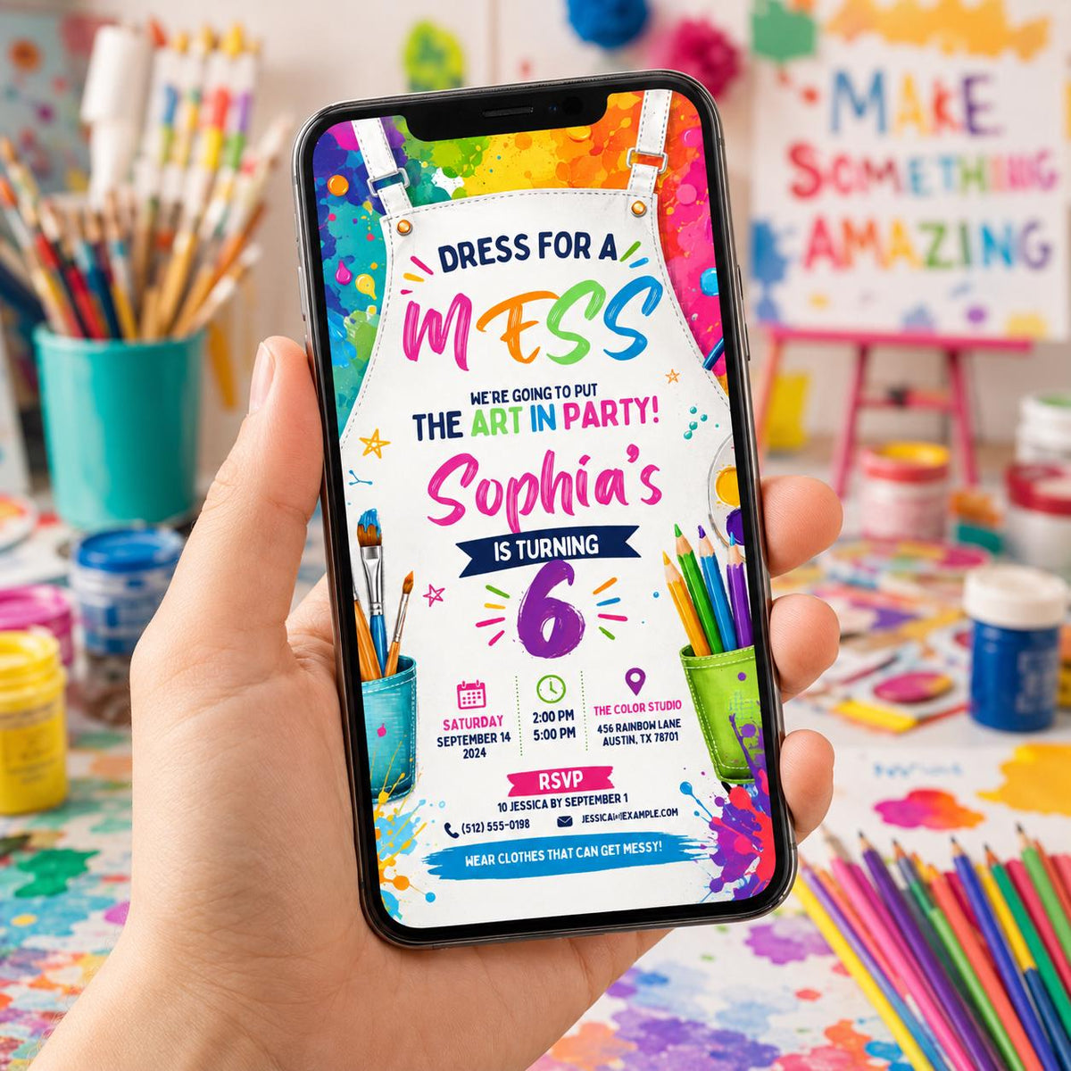 Editable Art Paint Birthday Invitation Canva Template, Cute Modern Fun Themed Custom DIY Chic Kids Party Invite, Printable Digital Download.