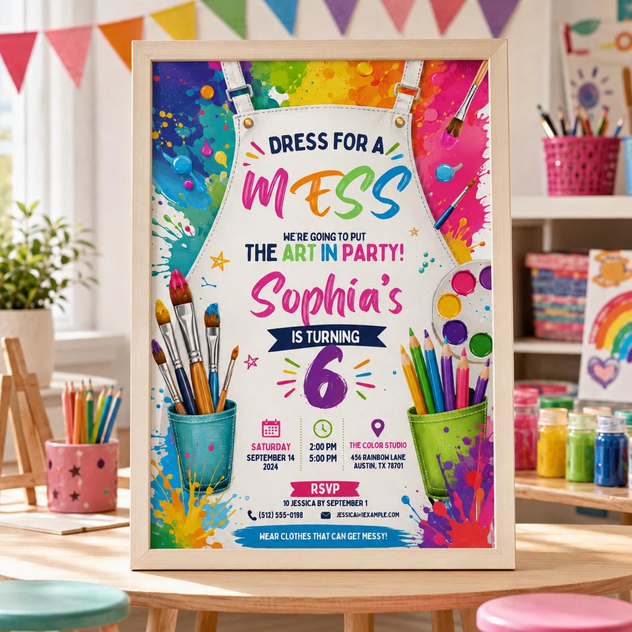 Editable Art Paint Birthday Invitation Canva Template, Cute Modern Fun Themed Custom DIY Chic Kids Party Invite, Printable Digital Download.