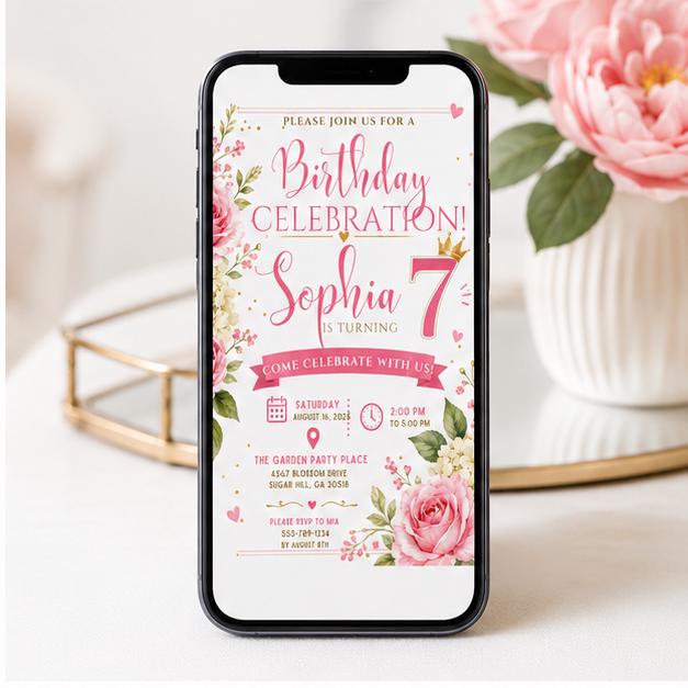 Editable Pink Bow Birthday Invitation Canva Template, Blush Luxury Bow Cute Fun DIY Chic Kids Teen Party Invite, Printable Digital Download.