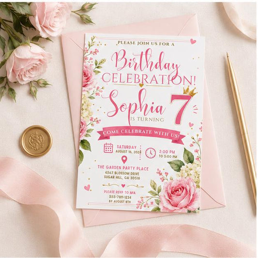 Editable Pink Bow Birthday Invitation Canva Template, Blush Luxury Bow Cute Fun DIY Chic Kids Teen Party Invite, Printable Digital Download.