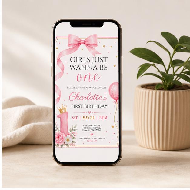 Editable Pink Bow Birthday Invitation Canva Template, Luxury Girls Kids Bow Cute Fun DIY Chic Teen Party Invite, Printable Digital Download.