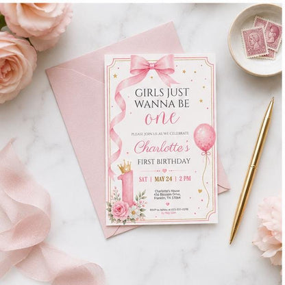Editable Pink Bow Birthday Invitation Canva Template, Luxury Girls Kids Bow Cute Fun DIY Chic Teen Party Invite, Printable Digital Download.