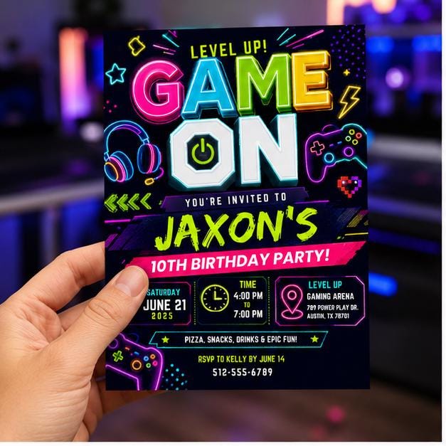 Editable Neon Glow Birthday Invitation Canva Template, Boys Neon Cute Fun DIY Sweet Chic Kids Teen Party Invite, Printable Digital Download.