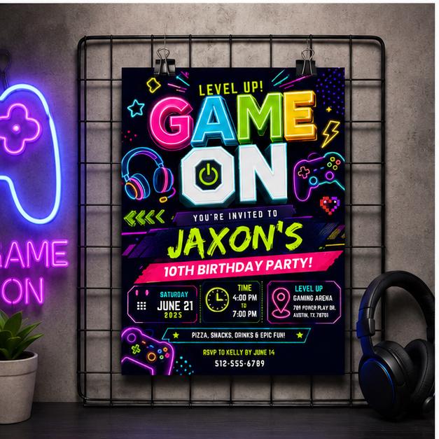 Editable Neon Glow Birthday Invitation Canva Template, Boys Neon Cute Fun DIY Sweet Chic Kids Teen Party Invite, Printable Digital Download.