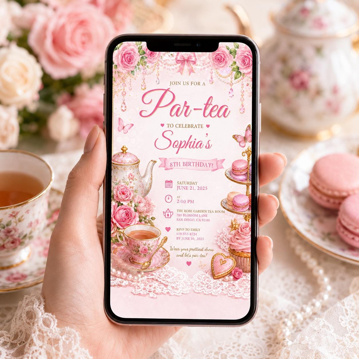 Editable Tea Birthday Invitation Canva Template, Pink Floral Girls Tea Cute Fun DIY Chic Kids Teen Party Invite, Printable Digital Download.