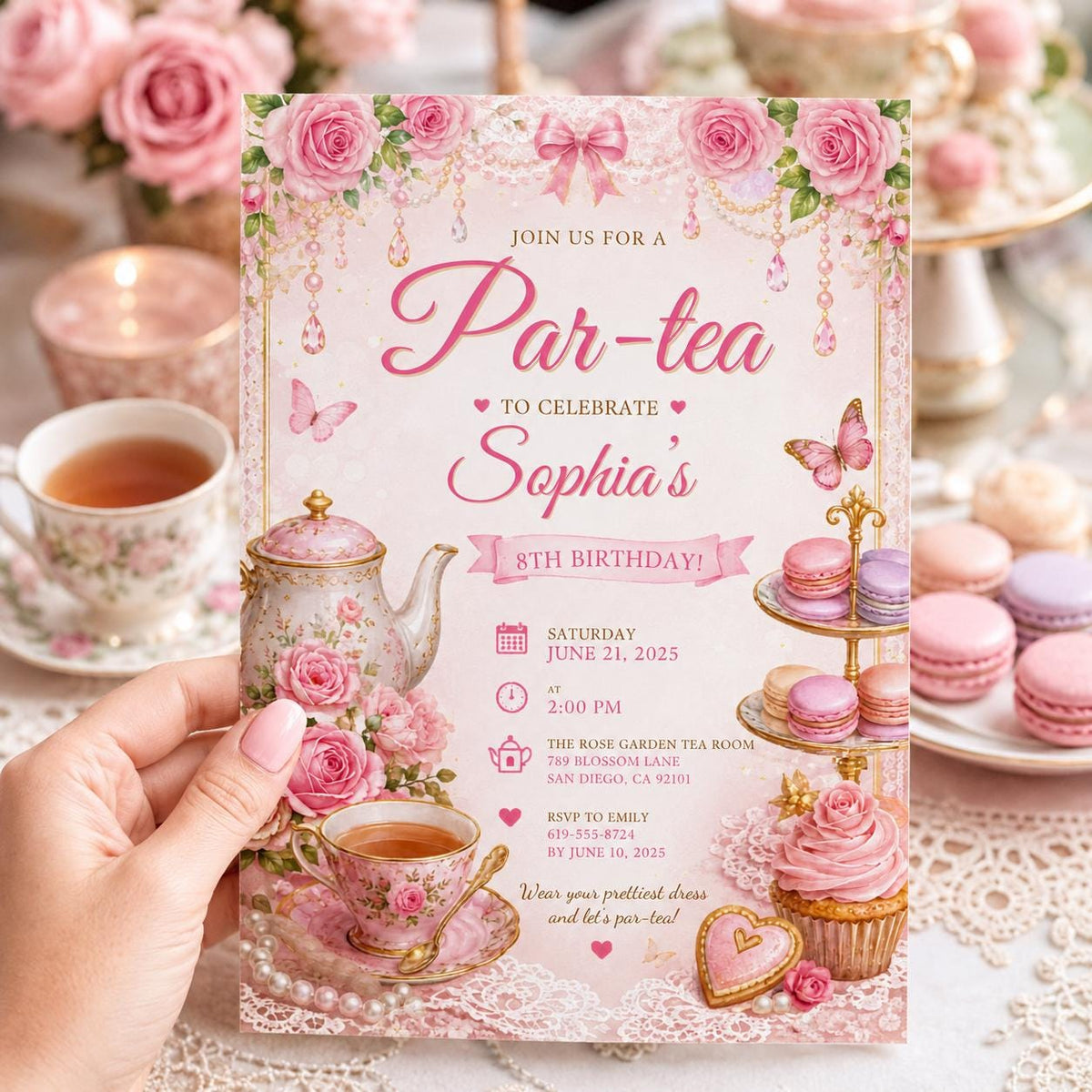 Editable Tea Birthday Invitation Canva Template, Pink Floral Girls Tea Cute Fun DIY Chic Kids Teen Party Invite, Printable Digital Download.