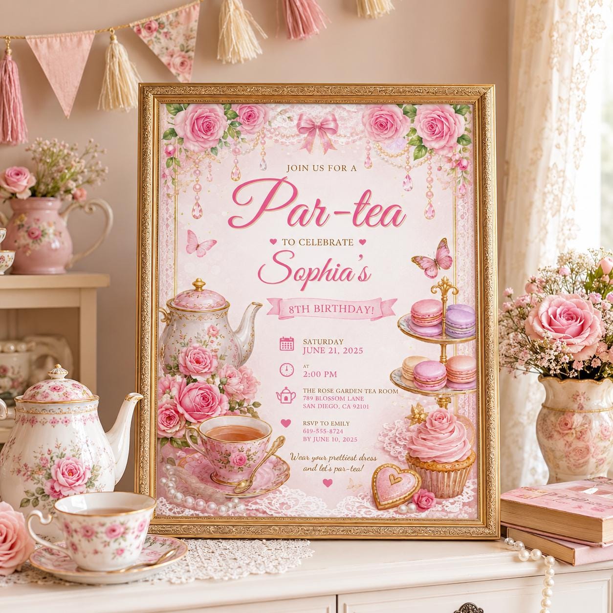 Editable Tea Birthday Invitation Canva Template, Pink Floral Girls Tea Cute Fun DIY Chic Kids Teen Party Invite, Printable Digital Download.