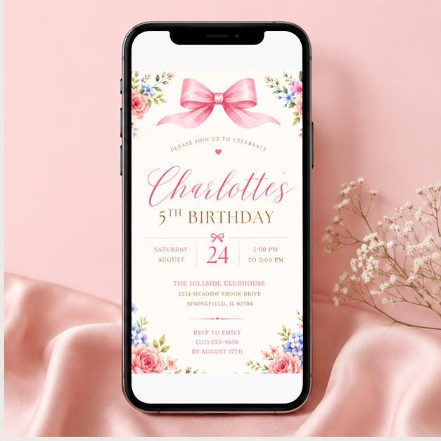 Editable Floral Birthday Invitation Canva Template, Pink Blush Boho Girls Kids Floral Cute Fun DIY Party Invite, Printable Digital Download.