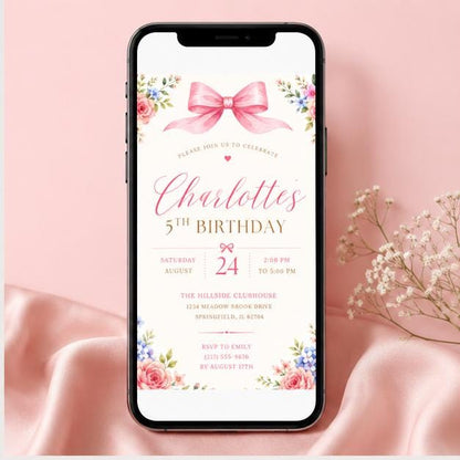 Editable Floral Birthday Invitation Canva Template, Pink Blush Boho Girls Kids Floral Cute Fun DIY Party Invite, Printable Digital Download.