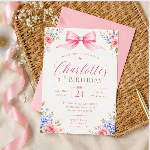 Editable Floral Birthday Invitation Canva Template, Pink Blush Boho Girls Kids Floral Cute Fun DIY Party Invite, Printable Digital Download.
