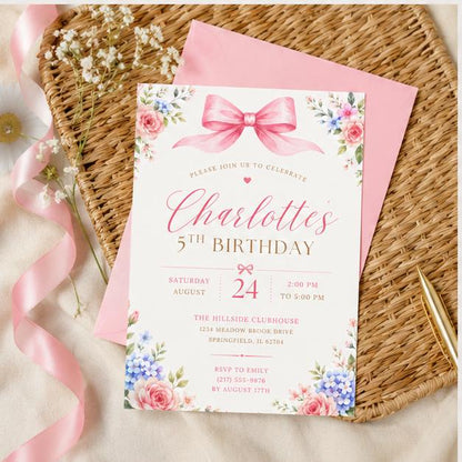 Editable Floral Birthday Invitation Canva Template, Pink Blush Boho Girls Kids Floral Cute Fun DIY Party Invite, Printable Digital Download.