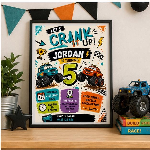 Editable Car Birthday Invitation Canva Template, Kids Cute Modern Fun Themed Custom DIY Sweet Chic Party Invite, Printable Digital Download.