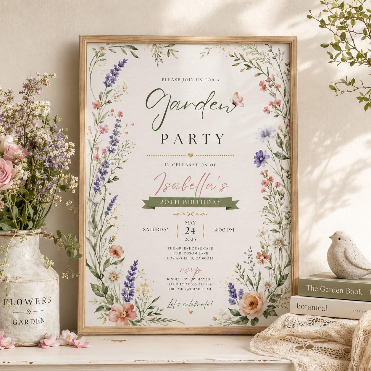 Editable Garden Birthday Invitation Canva Template, Pink Floral Girls Kids Teens Cute Fun DIY Chic Party Invite, Printable Digital Download.
