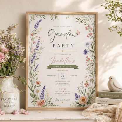 Editable Garden Birthday Invitation Canva Template, Pink Floral Girls Kids Teens Cute Fun DIY Chic Party Invite, Printable Digital Download.