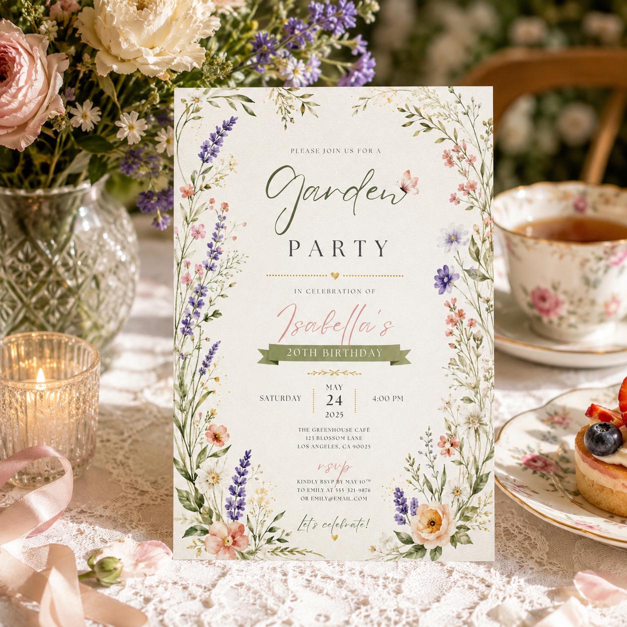Editable Garden Birthday Invitation Canva Template, Pink Floral Girls Kids Teens Cute Fun DIY Chic Party Invite, Printable Digital Download.