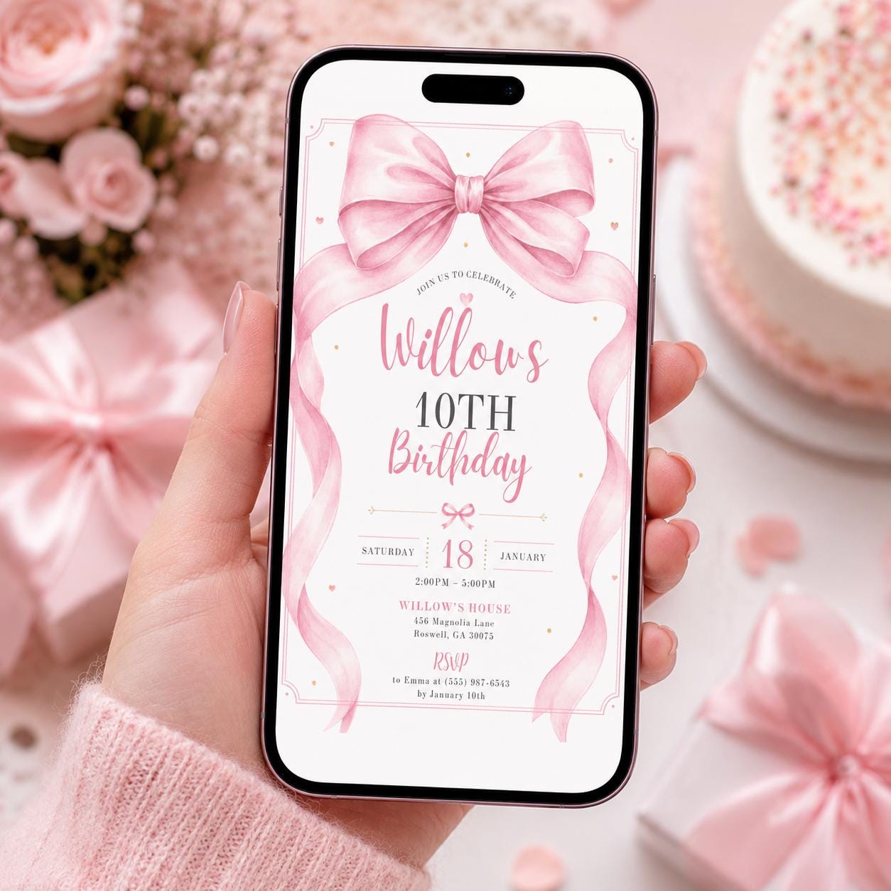 Editable Pink Bow Birthday Invitation Canva Template, Cute Girls Teens Bow Fun DIY Sweet Chic Kids Party Invite, Printable Digital Download.