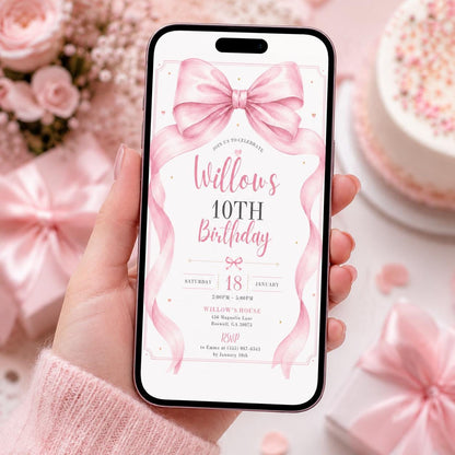 Editable Pink Bow Birthday Invitation Canva Template, Cute Girls Teens Bow Fun DIY Sweet Chic Kids Party Invite, Printable Digital Download.