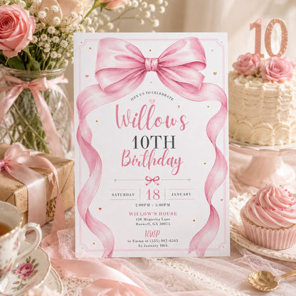 Editable Pink Bow Birthday Invitation Canva Template, Cute Girls Teens Bow Fun DIY Sweet Chic Kids Party Invite, Printable Digital Download.