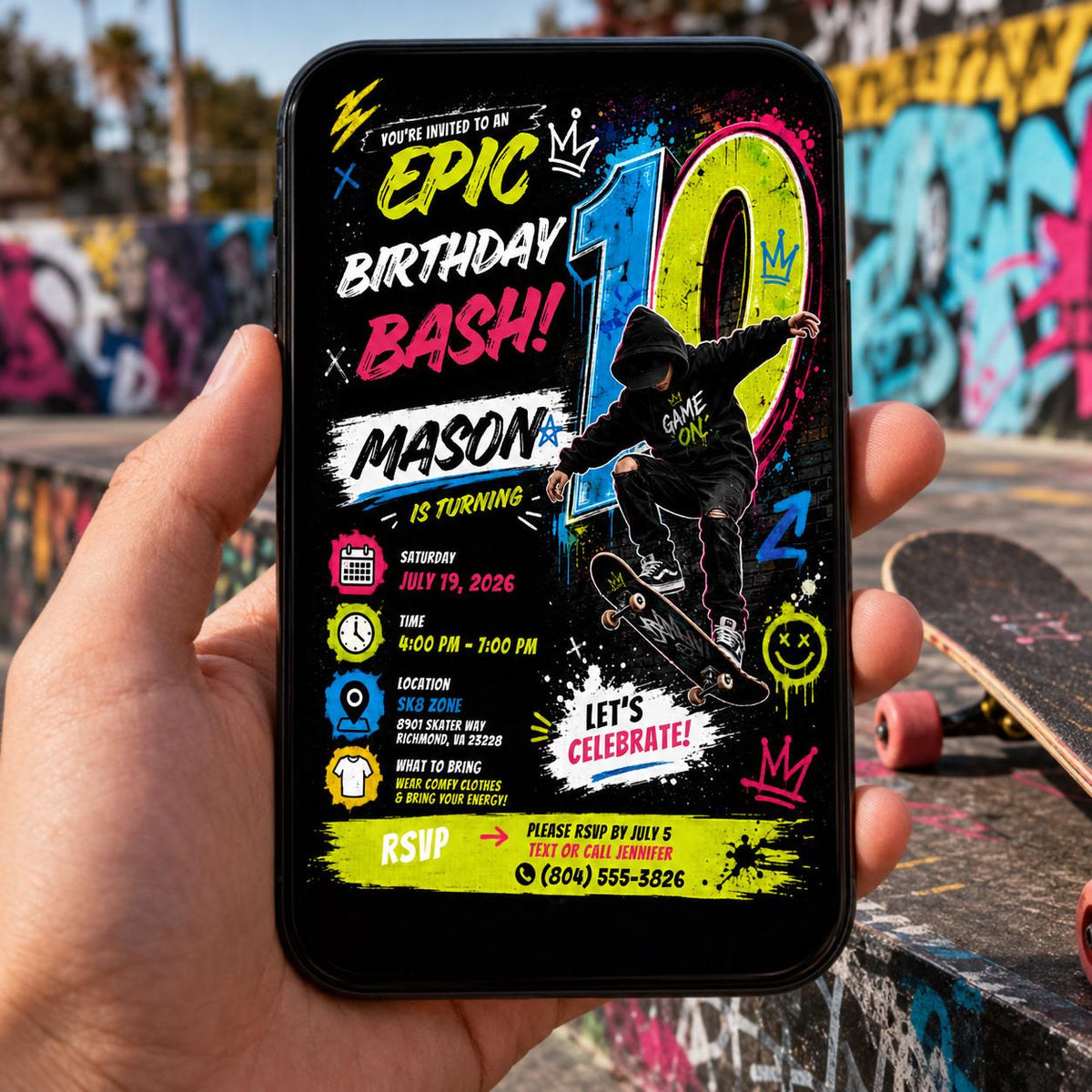Editable Neon Glow Birthday Invitation Canva Template, Boys Kids Teens Neon Cute Fun DIY Chic Teen Party Invite, Printable Digital Download.