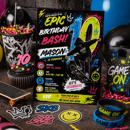 Editable Neon Glow Birthday Invitation Canva Template, Boys Kids Teens Neon Cute Fun DIY Chic Teen Party Invite, Printable Digital Download.
