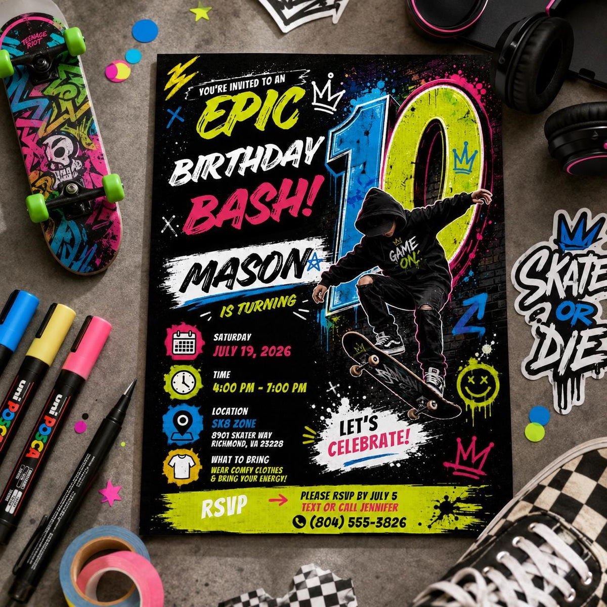 Editable Neon Glow Birthday Invitation Canva Template, Boys Kids Teens Neon Cute Fun DIY Chic Teen Party Invite, Printable Digital Download.