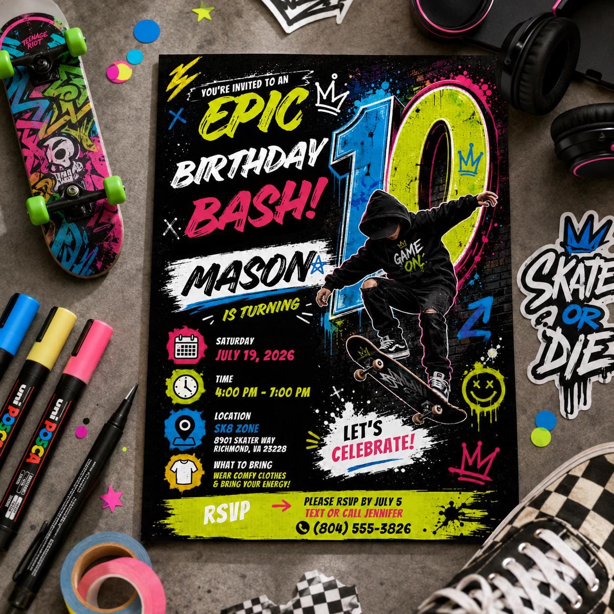 Editable Neon Glow Birthday Invitation Canva Template, Boys Kids Teens Neon Cute Fun DIY Chic Teen Party Invite, Printable Digital Download.