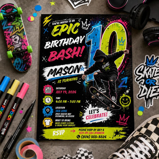 Editable Neon Glow Birthday Invitation Canva Template, Boys Kids Teens Neon Cute Fun DIY Chic Teen Party Invite, Printable Digital Download.