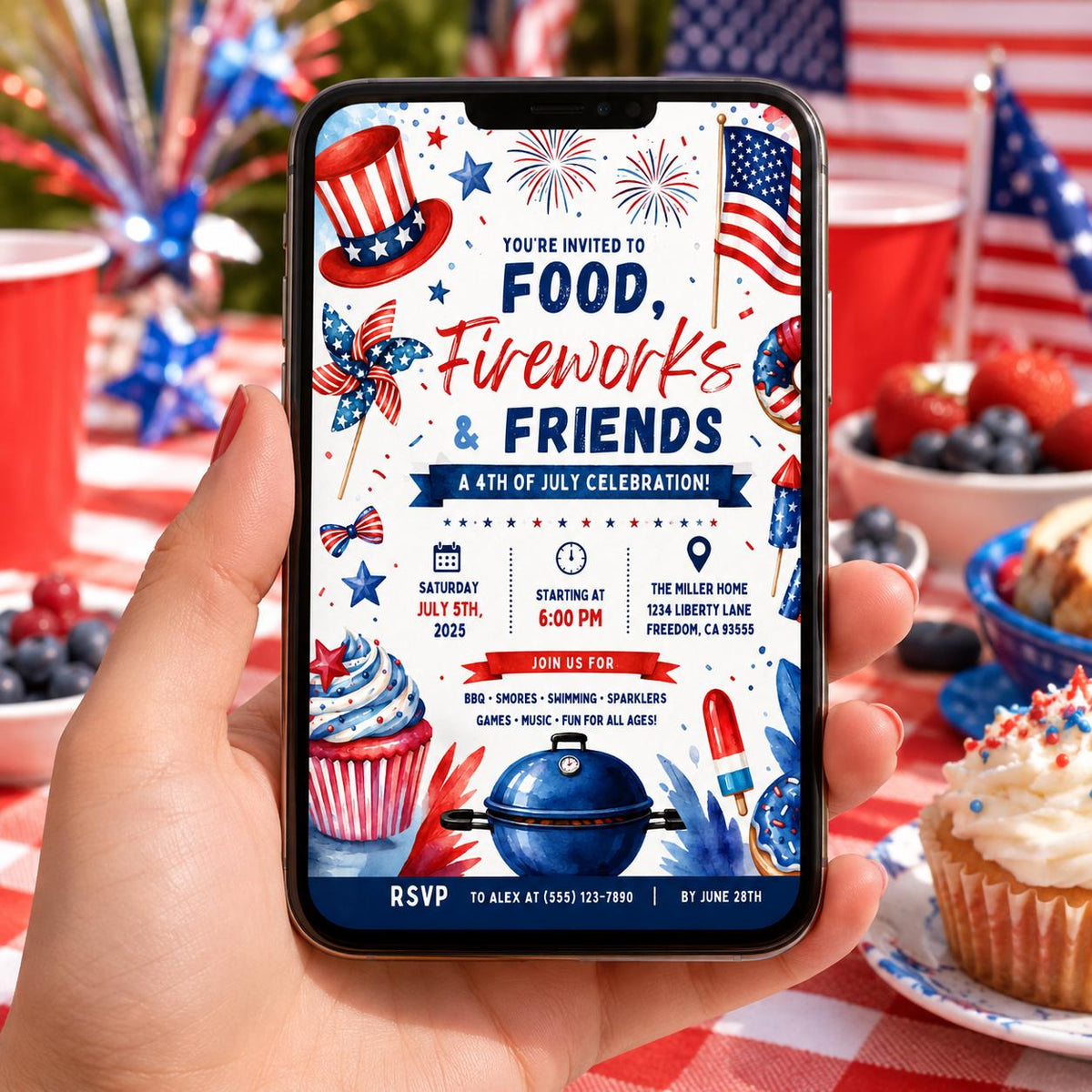Editable 4th of July Bbq Birthday Invitation Canva Template, Blue White Red Kids Cute Fun DIY Chic Party Invite, Printable Digital Download.